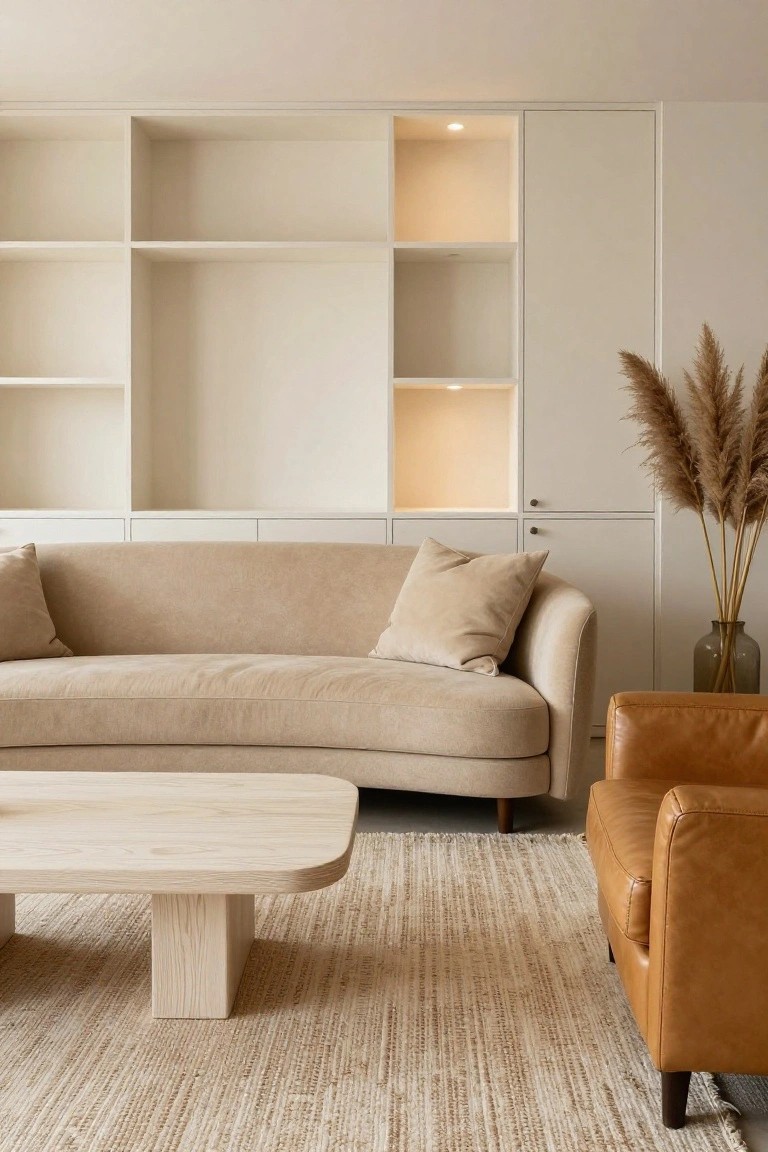 A modern living room with a curved beige sofa, white oak coffee table, tan leather armchair, built-in white shelving and cabinetry, beige rug, and tall pampas grass in a vase.