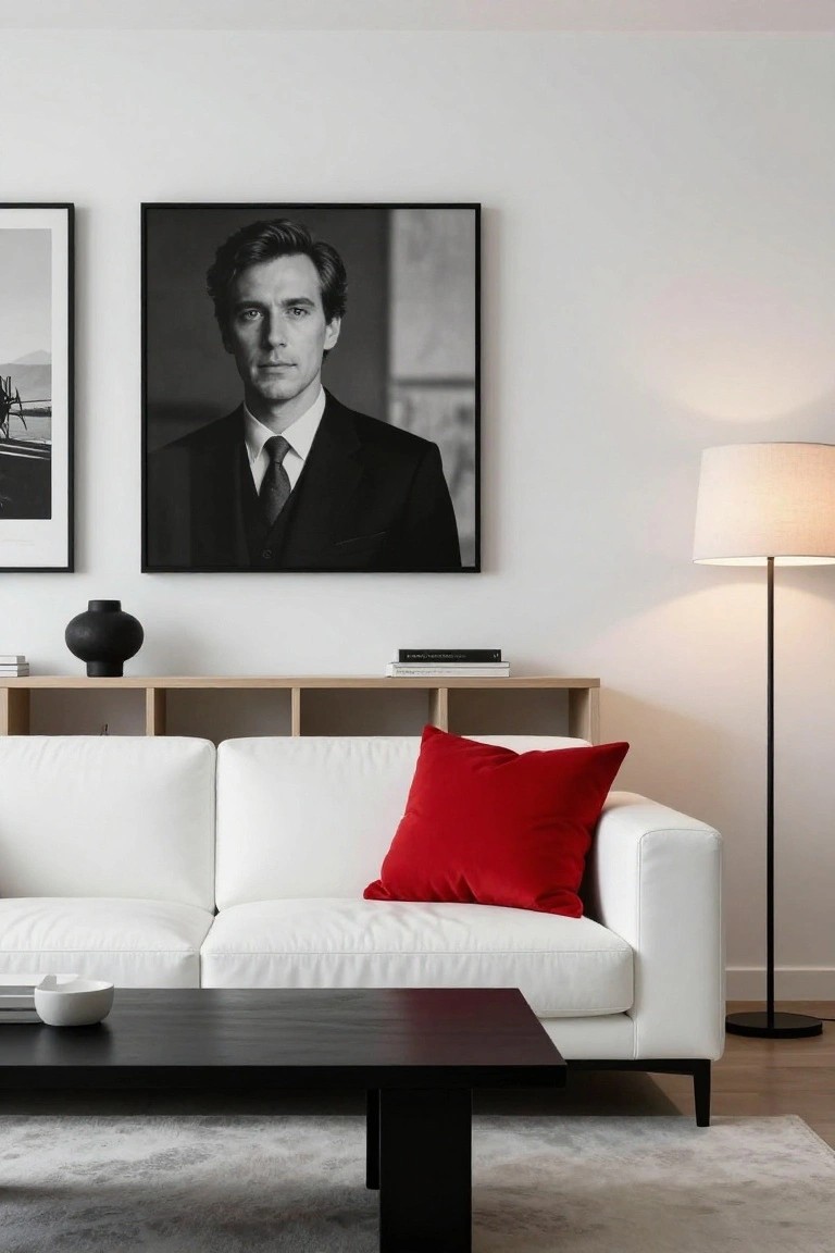 Modern living room with white sofa accented by red pillow, black coffee table, oak shelving unit holding books and black vase, large black-and-white portrait of suited man on wall, and beige floor lamp on light walls with gray rug.