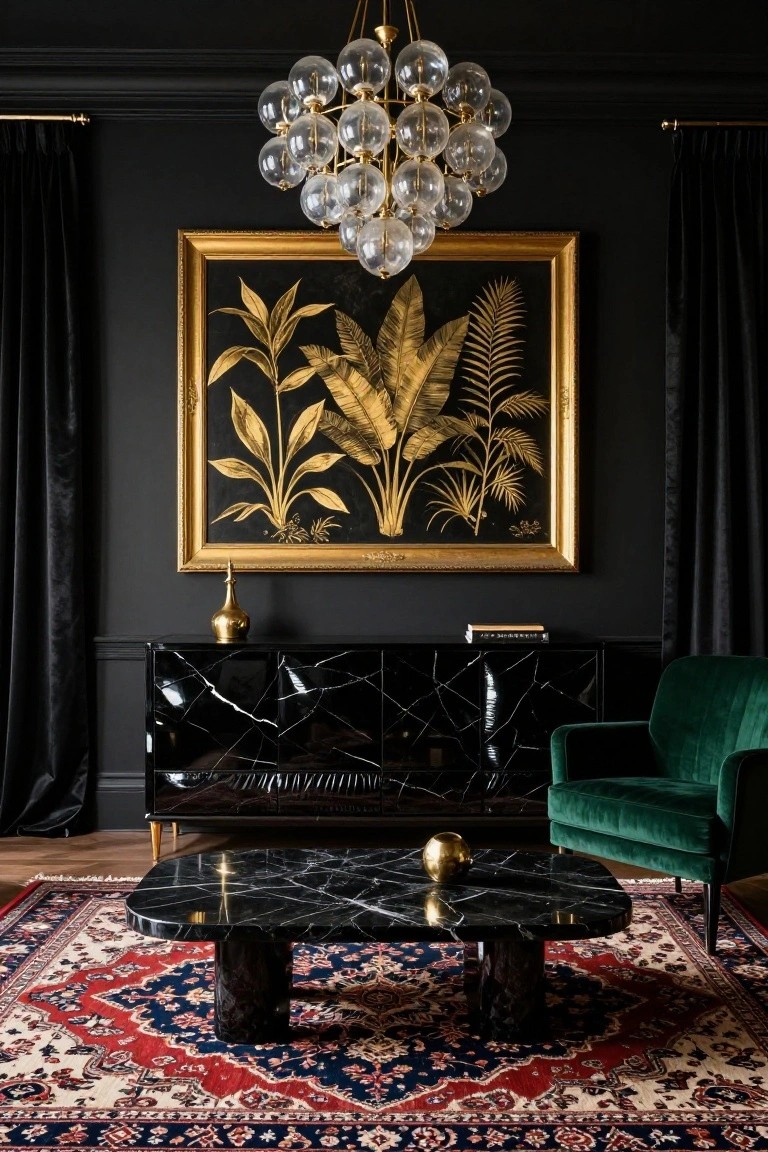 Living room interior with dark black walls, gold-framed artwork of tropical leaves, glass bubble chandelier, black marble credenza and coffee table, emerald green velvet armchair, brass decor objects, and red-blue patterned rug on wood floor.