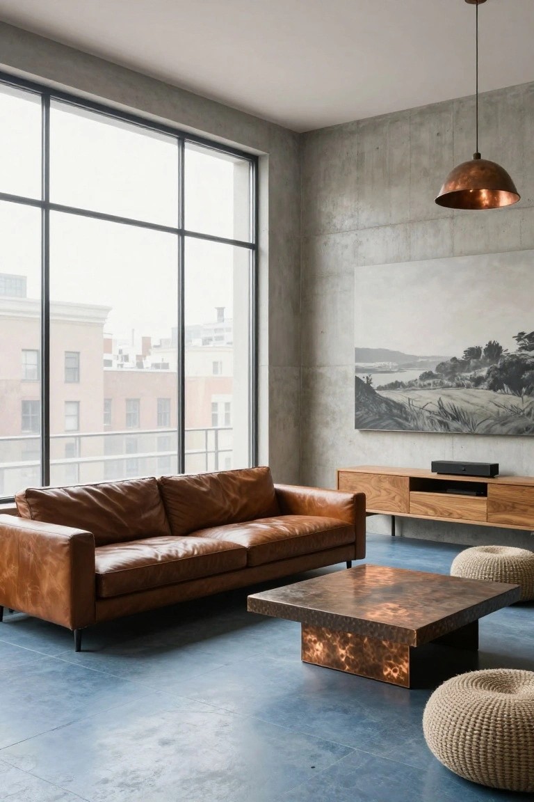 Spacious modern living room with tan leather sofa, hammered copper coffee table, wooden media console, blue concrete floor, exposed concrete walls, large windows, and abstract painting.