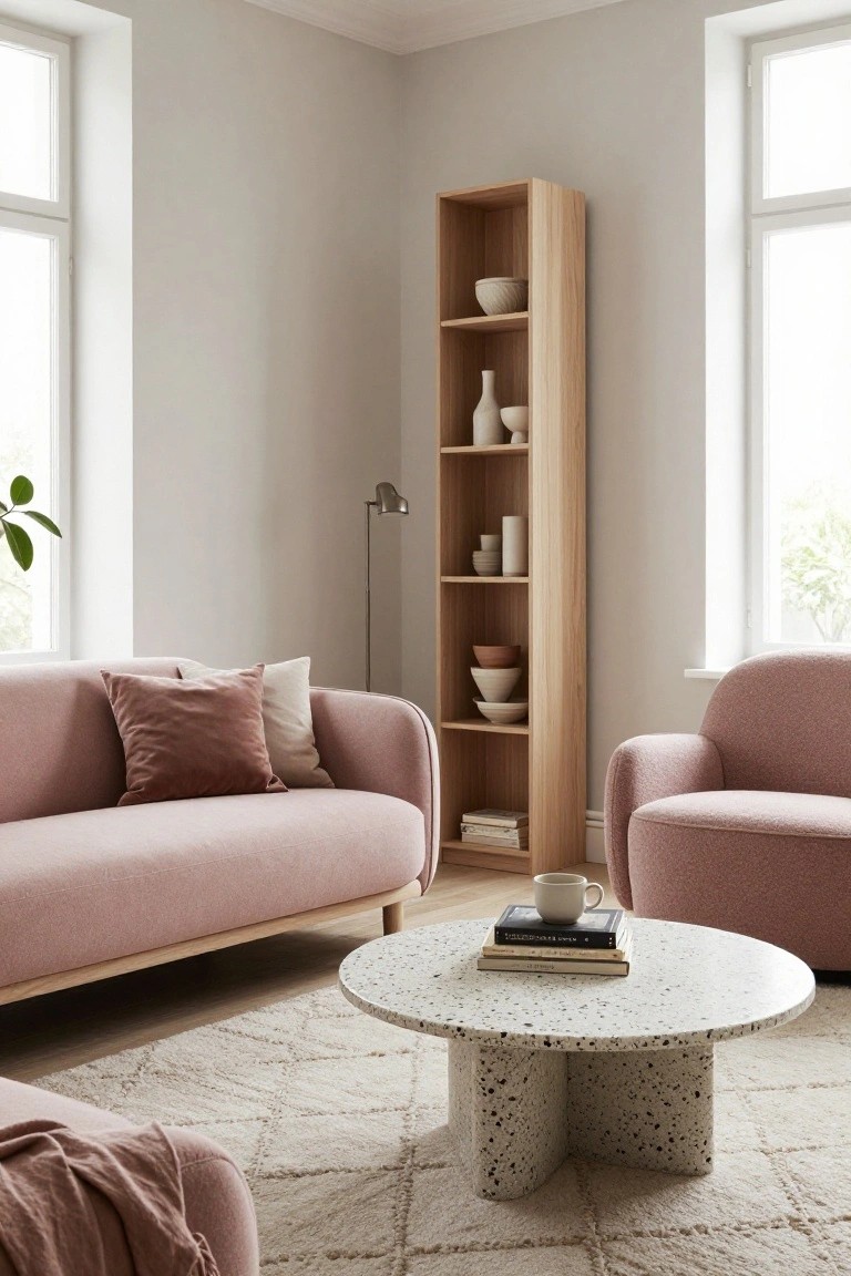 Modern living room with blush pink curved sofa and matching armchair, tall oak bookshelf filled with white ceramics, round white terrazzo coffee table on a cream rug, neutral greige walls, and large windows letting in daylight.