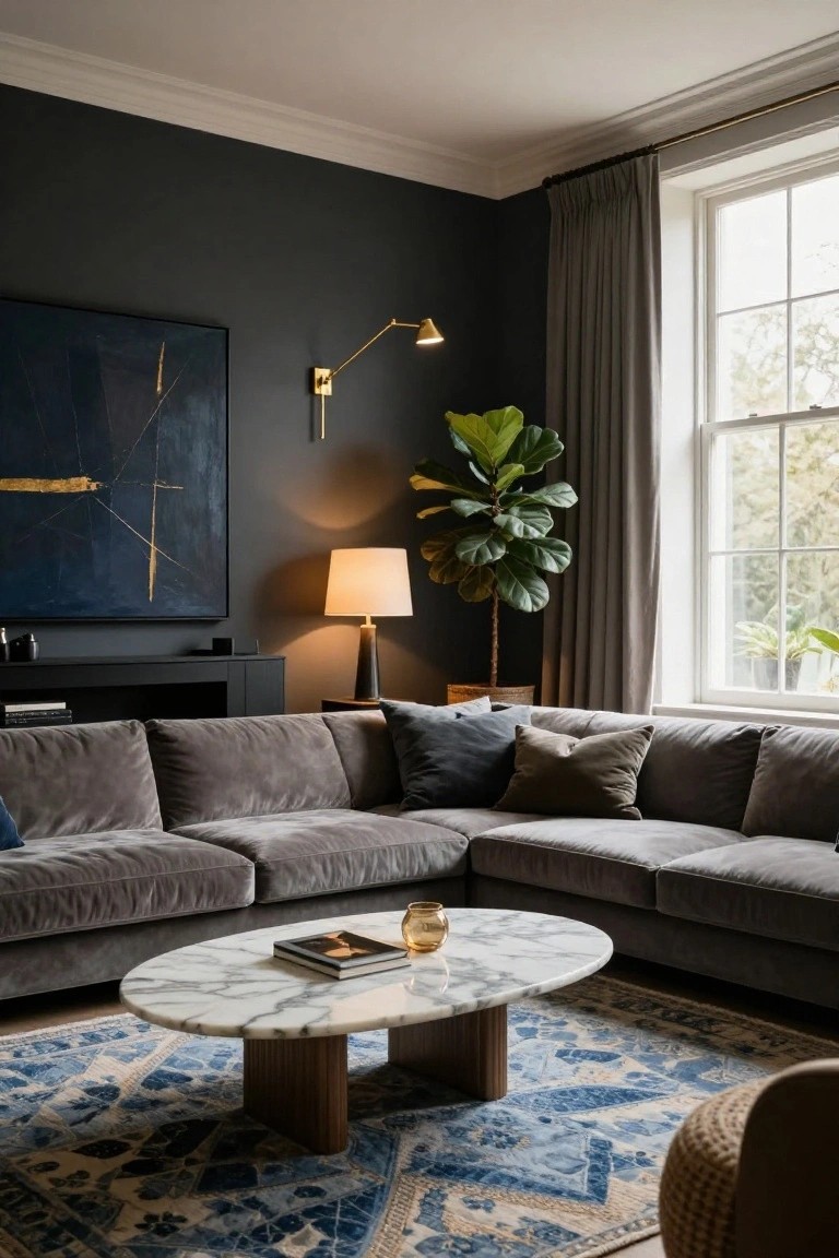 A modern living room featuring charcoal gray walls, an L-shaped gray velvet sofa, oval white marble coffee table with wood legs on a blue patterned rug, gold wall lamp, table lamp, abstract navy artwork, fiddle leaf fig plant, and gray drapes on sash windows.