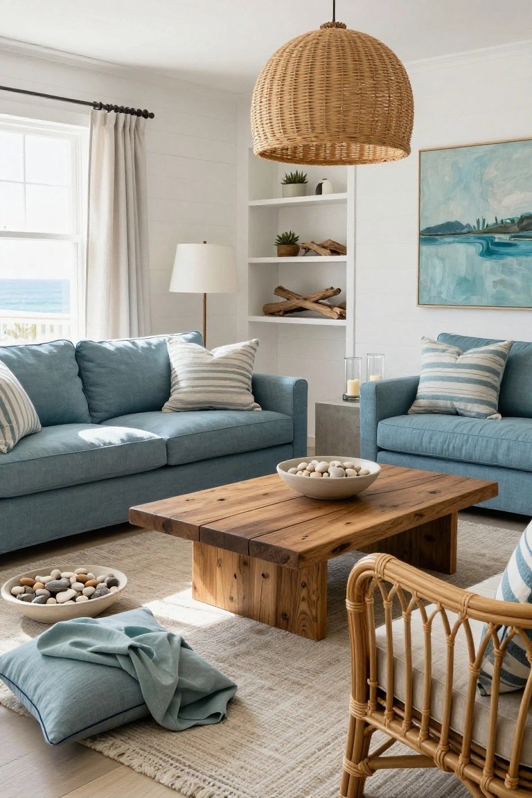 Bright living room featuring blue upholstered sofas and loveseat with white and striped pillows, wooden coffee table holding a bowl of white pebbles, rattan armchair, white shiplap walls and built-in shelves, large window with ocean view, and woven pendant light.