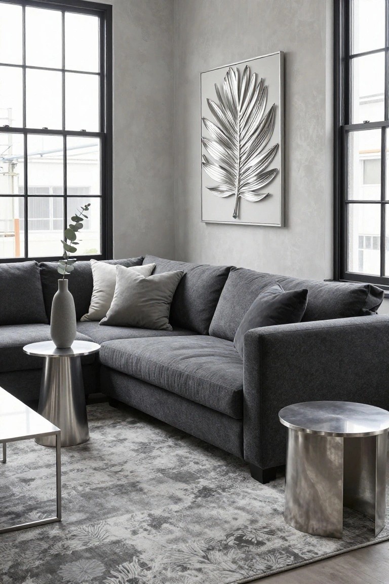 Corner of a modern living room featuring a gray L-shaped sofa with neutral pillows, a gray textured vase with eucalyptus on a round metal side table, additional metal tables, a gray patterned rug, a large silver leaf wall sculpture, and large black-framed windows against pale gray walls.