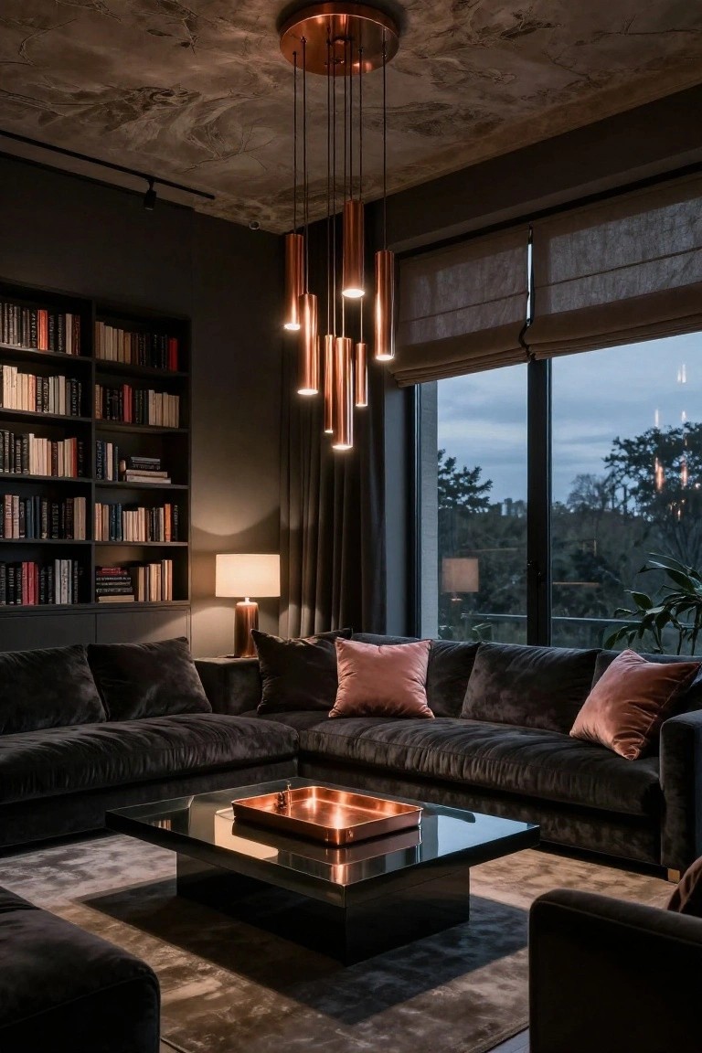 Dark moody living room with black velvet L-shaped sofa, pink pillows, copper pendant lights, glass coffee table holding copper tray, built-in bookshelves, table lamps, and large windows with sheer curtains showing trees outside at dusk.