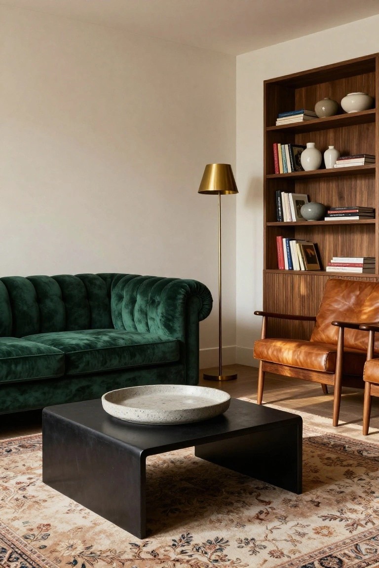 Modern living room with green velvet sofa, leather chair, and wooden bookshelf.