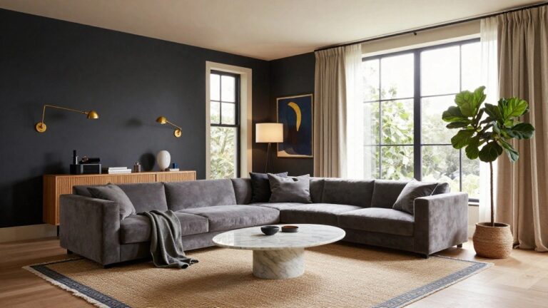 22 Inspiring Luxury Living Room Color Palette Ideas That Pop A modern living room featuring charcoal gray walls, an L-shaped gray velvet sofa, oval white marble coffee table with wood legs on a blue patterned rug, gold wall lamp, table lamp, abstract navy artwork, fiddle leaf fig plant, and gray drapes on sash windows.