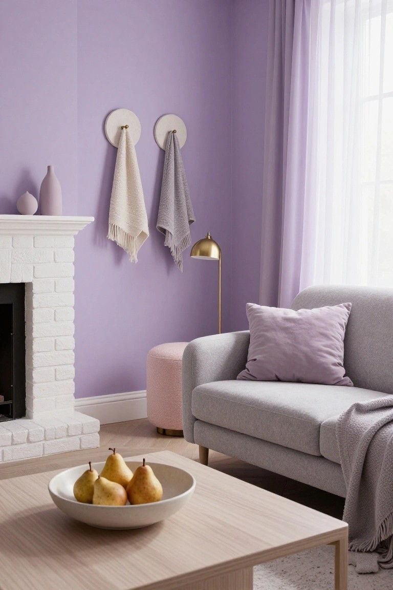 Living room with lavender purple walls, white brick fireplace, gray sofa with purple pillow and gray throw, pink pouf, wooden coffee table with bowl of pears, white hooks holding cream and gray towels, gold lamp, and sheer curtains by window.