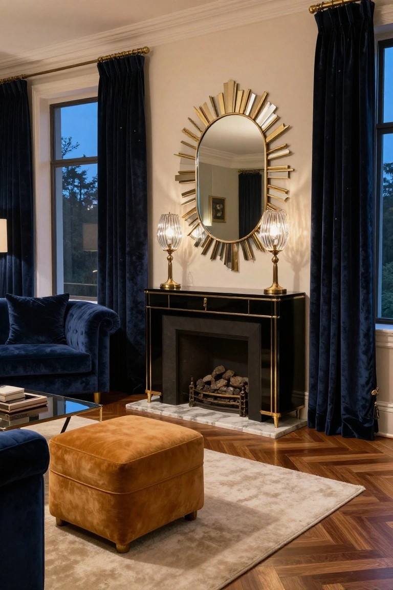 Luxury living room interior with navy blue velvet sofa and curtains, large gold sunburst mirror over black and gold fireplace mantel, matching brass lamps, burnt orange ottoman, glass coffee table, and herringbone wood parquet flooring.