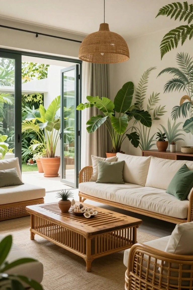Living room with white upholstered sofas and rattan chairs, wooden slatted coffee table, green cushions and potted tropical plants, palm leaf wall mural, and open glass doors to outdoor greenery.