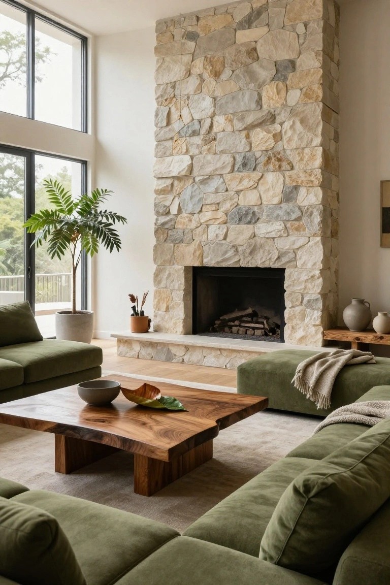 Modern living room with green sofas, wooden coffee table, and stone fireplace.