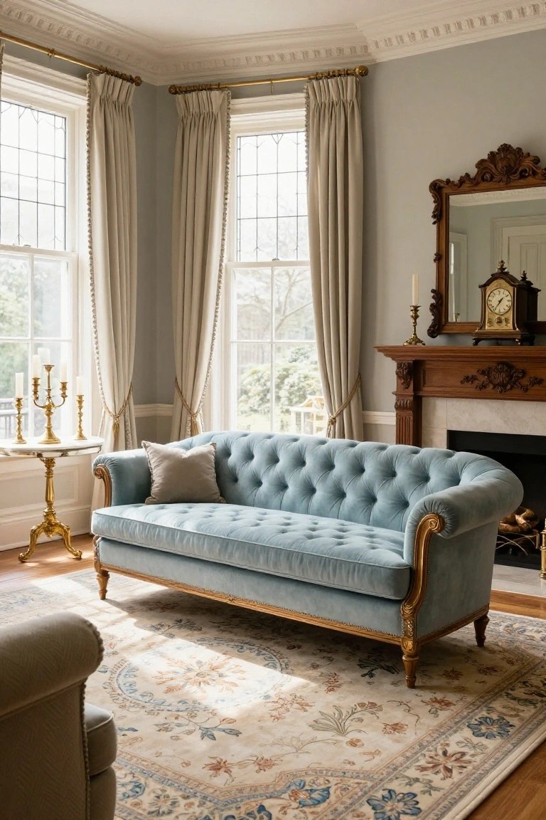 Elegant blue velvet sofa in a sunlit traditional living room with fireplace.