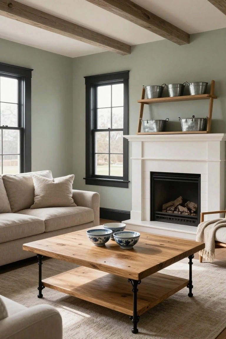 A living room featuring sage green walls, a cream-colored sofa, square wooden coffee table with blue and white bowls, white fireplace with fire, black-framed windows, and metal buckets on wooden shelves above the mantel.