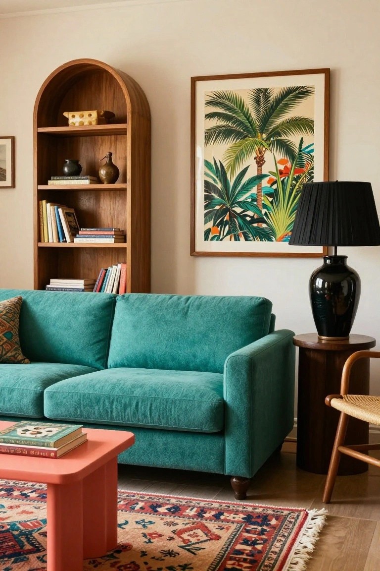 Living room with curved wooden bookshelf holding books and ceramics, teal upholstered sofa with patterned pillows, pink coffee table topped with books, multicolored patterned rug, black shade lamp on wood side table next to cane chair, and framed tropical plant artwork on beige wall.