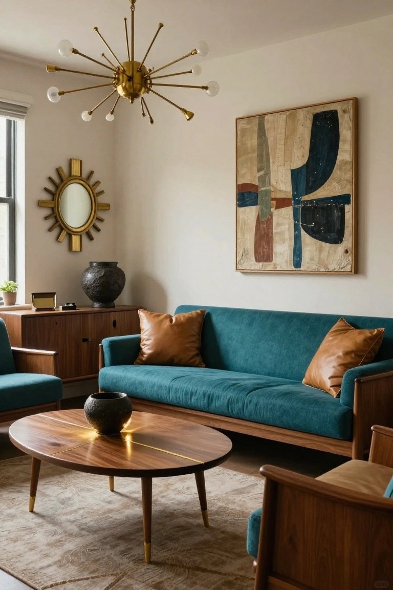 A living room with teal velvet sofa and chairs, walnut wood furniture including an oval coffee table, gold chandelier and mirror, abstract painting on wall, and black ceramic vases on neutral walls and rug.