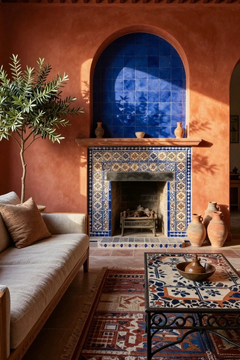 Living room with orange terracotta walls, arched blue-tiled fireplace, potted olive tree, beige sofa, terracotta vases, patterned metal coffee table, and woven rug on tiled floor.