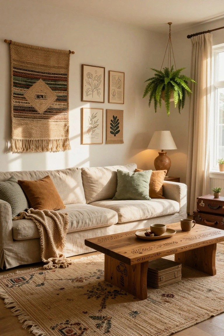 Sunlit living room with cream sofa piled with rust, sage, and beige pillows, knit throw, low carved wooden coffee table, neutral rug, woven wall hanging, framed botanical prints, hanging fern plant, table lamp, and window with sheer curtains.
