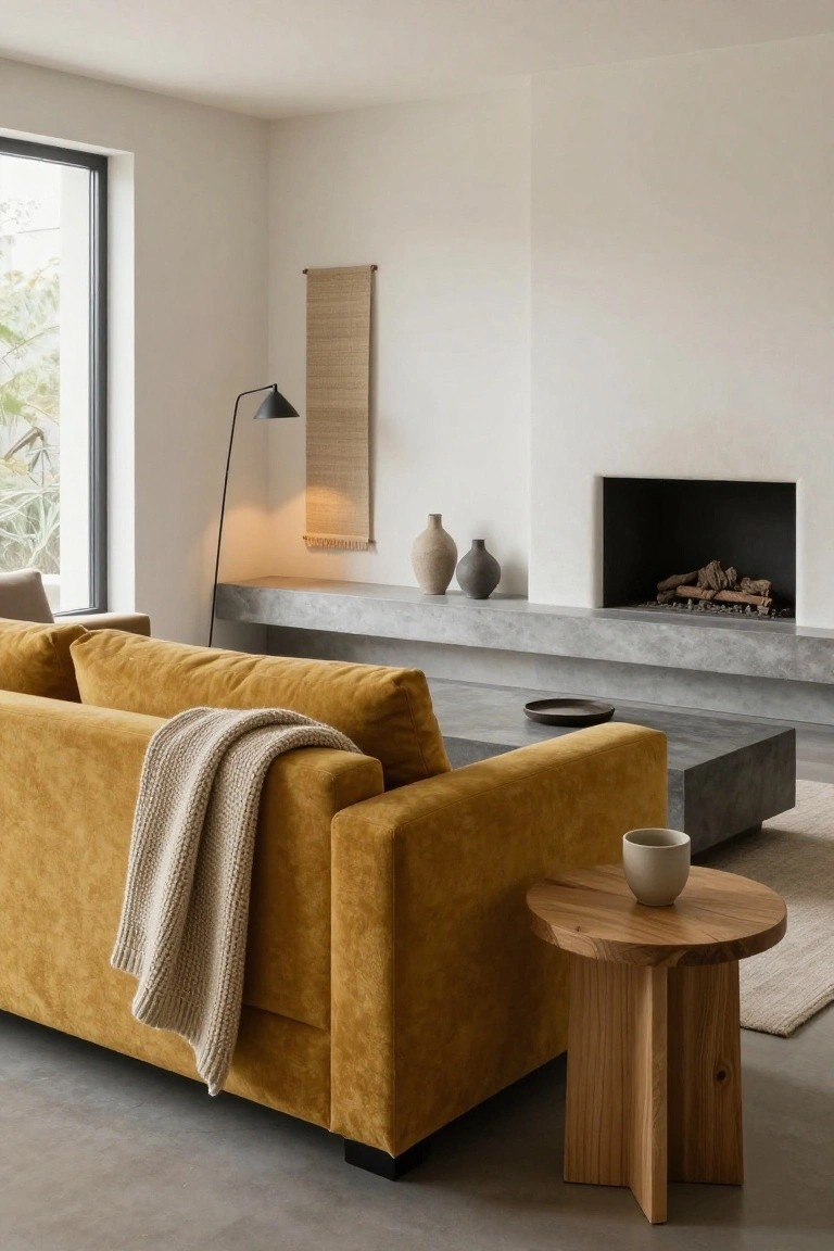 Modern living room with mustard-colored velvet sofa draped in a white knit throw, wooden side table holding a white cup, gray concrete fireplace shelf with ceramic vases, floor lamp, and large window.