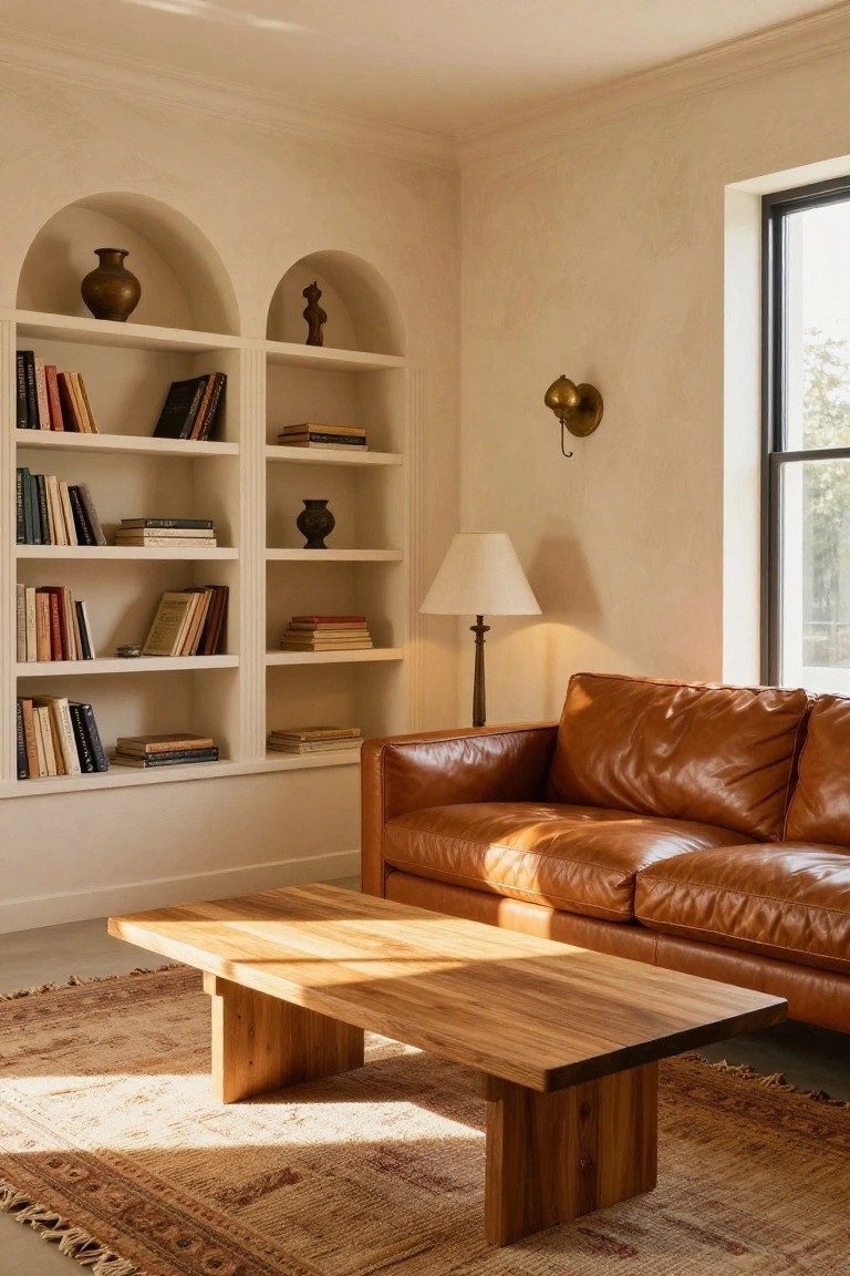 Living room with arched white built-in bookshelves holding books and pottery, tan leather sofa, low wooden coffee table, beige lamp, and patterned rug on light wood floors beside a large black-framed window.