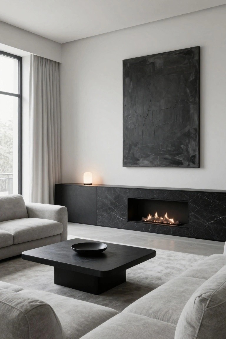 Minimalist living room with built-in black marble gas fireplace in dark cabinetry wall, light gray L-shaped sofa, black square coffee table with black bowl, large abstract black painting on white wall, small white lamp on cabinet, sheer curtains on floor-to-ceiling window, and light gray carpet on white floor.