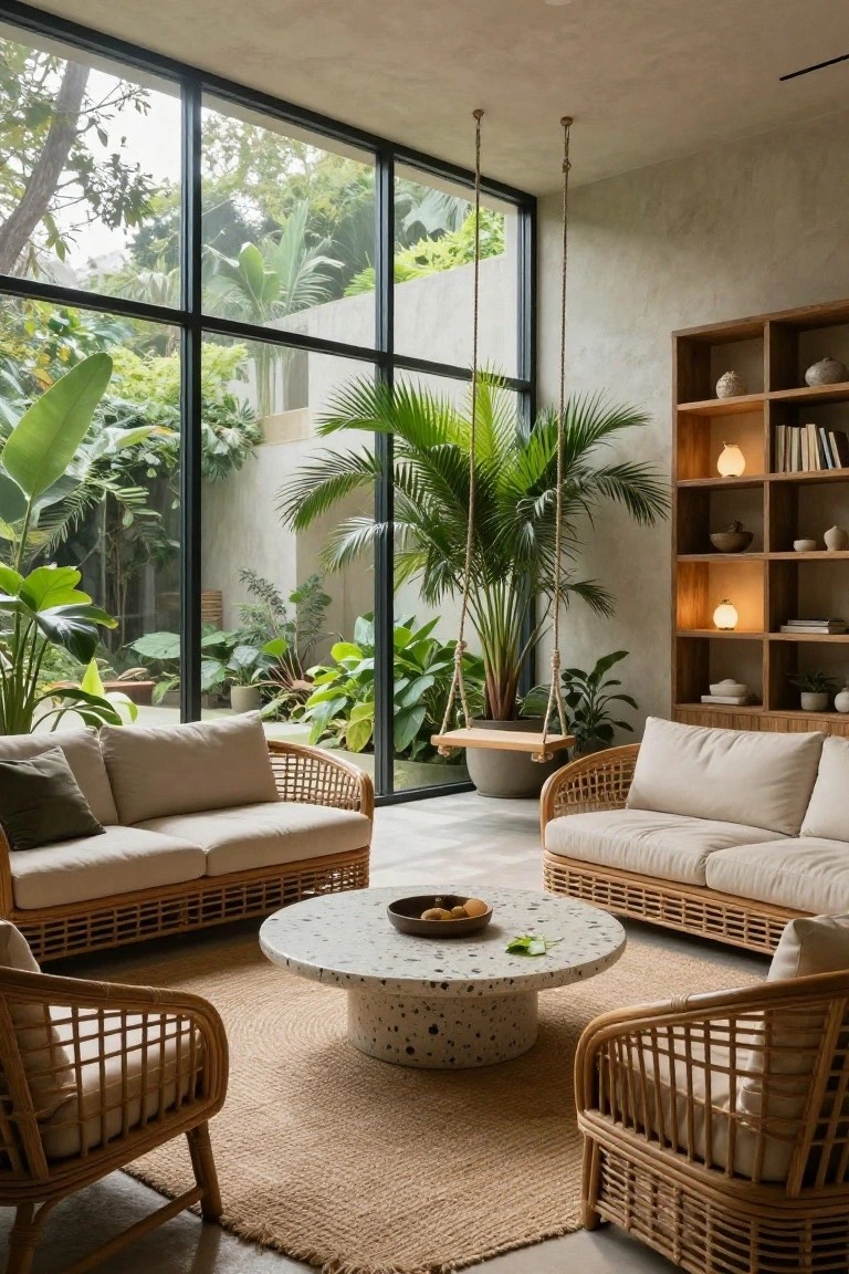 Light modern living room with beige rattan sofas and armchairs around a speckled round coffee table on a seagrass rug, large black-framed windows showing tropical plants and trees outside, wooden bookshelves with lamps and books, and a hanging plant swing.