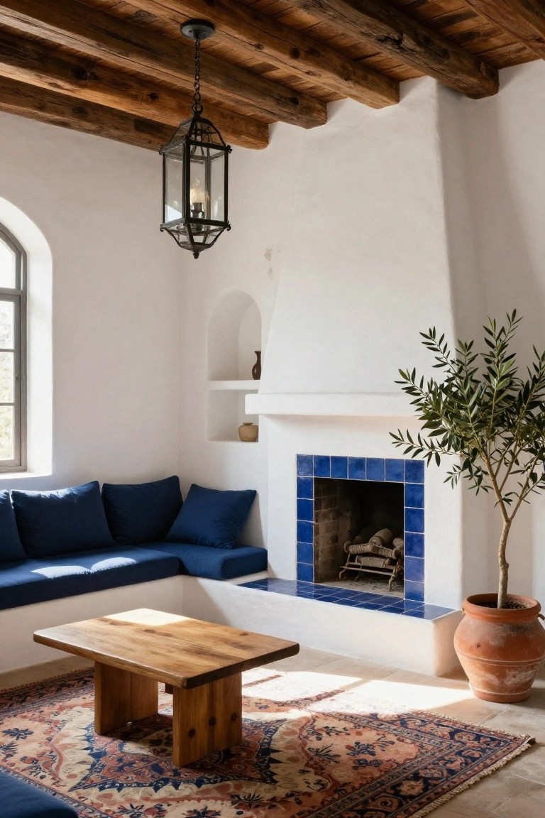 White adobe-style living room with wooden beam ceiling, arched window, blue-tiled fireplace, built-in L-shaped bench with navy cushions, low wooden coffee table, Persian rug, and potted olive tree in terracotta pot.