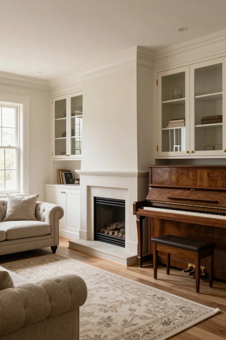A light-filled living room with a cream tufted sofa on a beige rug, a limestone fireplace flanked by tall white built-in cabinets with glass-fronted doors, and a brown upright piano positioned beside the fireplace on light oak floors.