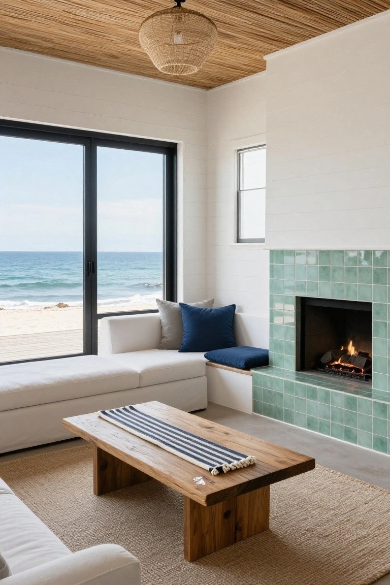Beach house living room with white sofa and built-in banquette facing green-tiled fireplace, wooden coffee table on seagrass rug, thatched wood ceiling, pendant light, and large black sliding doors to ocean view.