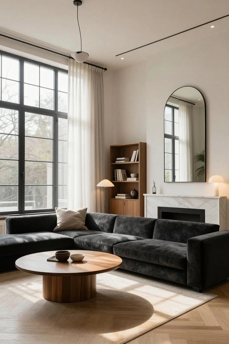 Light-filled modern living room with black velvet L-shaped sofa in corner, round wooden pedestal coffee table, marble fireplace, wooden bookshelves, large black-framed windows with sheer curtains, and herringbone wood floors.