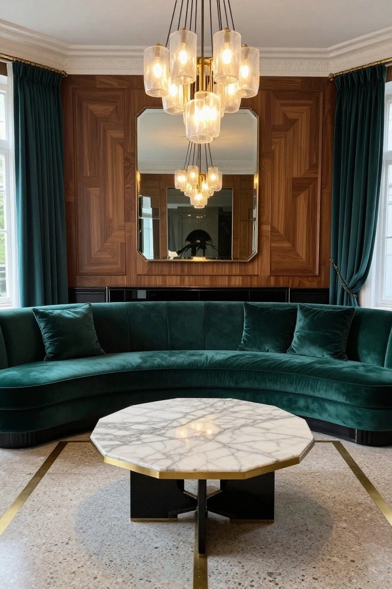 Curved emerald green velvet sofa in a living room with wood-paneled walls, large rectangular mirror, emerald green curtains, glass globe chandelier, octagonal white marble coffee table on black metal base with gold accents, and terrazzo floor with brass inlays.