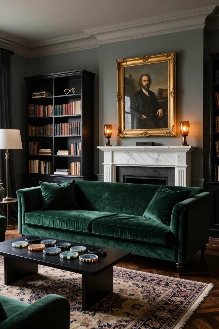 Elegant green velvet sofa with marble fireplace and gold-framed portrait.