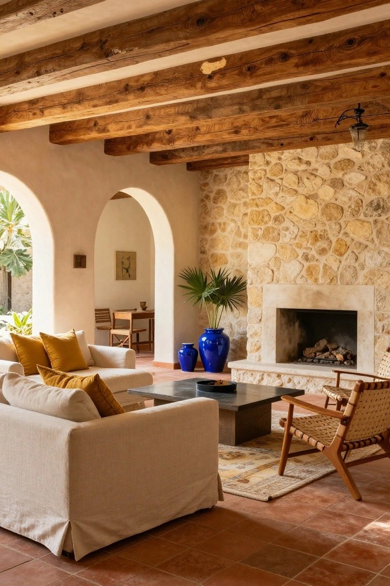 A living room with exposed dark wooden beam ceiling, beige stone wall with fireplace, cream slipcovered sofa with yellow pillows, rattan chairs, blue vases, and arched doorways on terracotta tile floor.