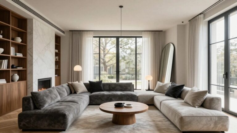 Light-filled modern living room with black velvet L-shaped sofa in corner, round wooden pedestal coffee table, marble fireplace, wooden bookshelves, large black-framed windows with sheer curtains, and herringbone wood floors.