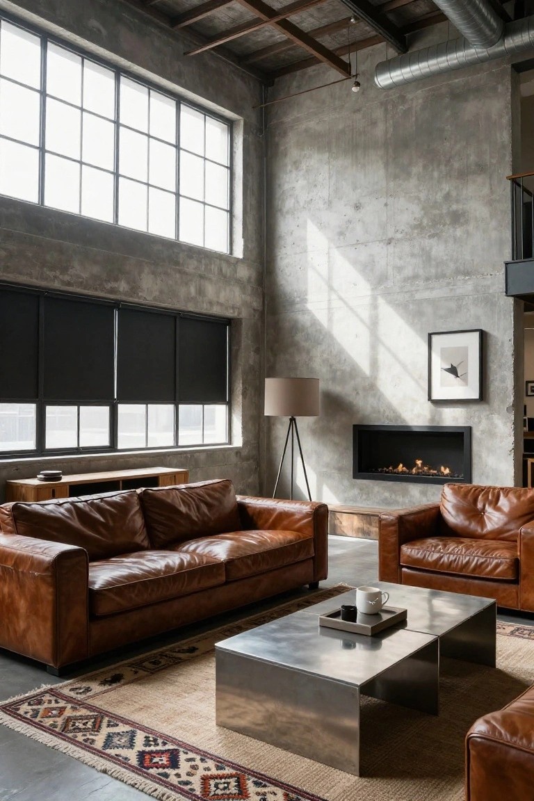 Industrial-style living room with exposed concrete walls, high ceilings, large factory windows with black blinds, two brown leather sofas facing each other, stainless steel coffee table, wood media console, tripod floor lamp, linear gas fireplace, and patterned rug.