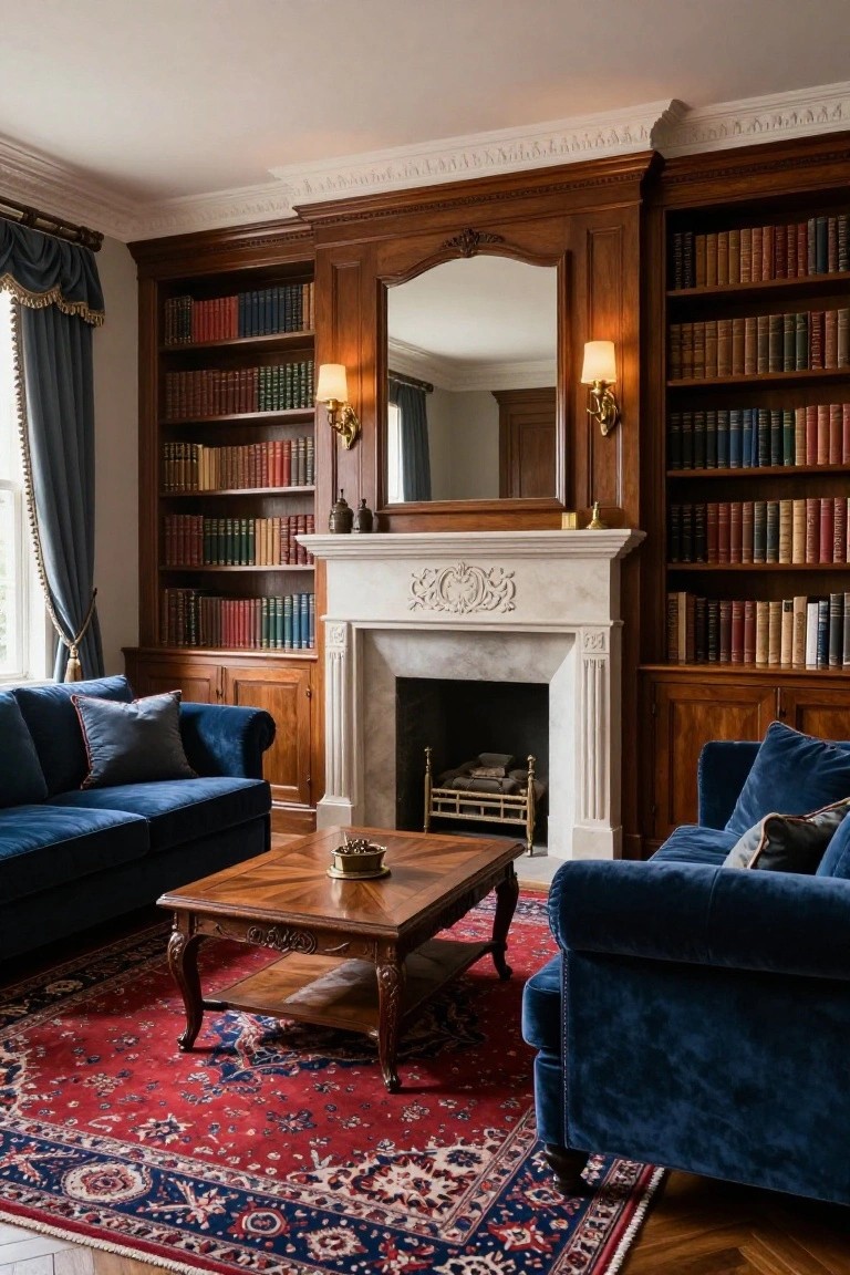 Wood-paneled living room with tall built-in bookshelves on both sides of a marble fireplace, blue velvet sofas facing each other across a wood coffee table, red Persian rug, and wall lamps.