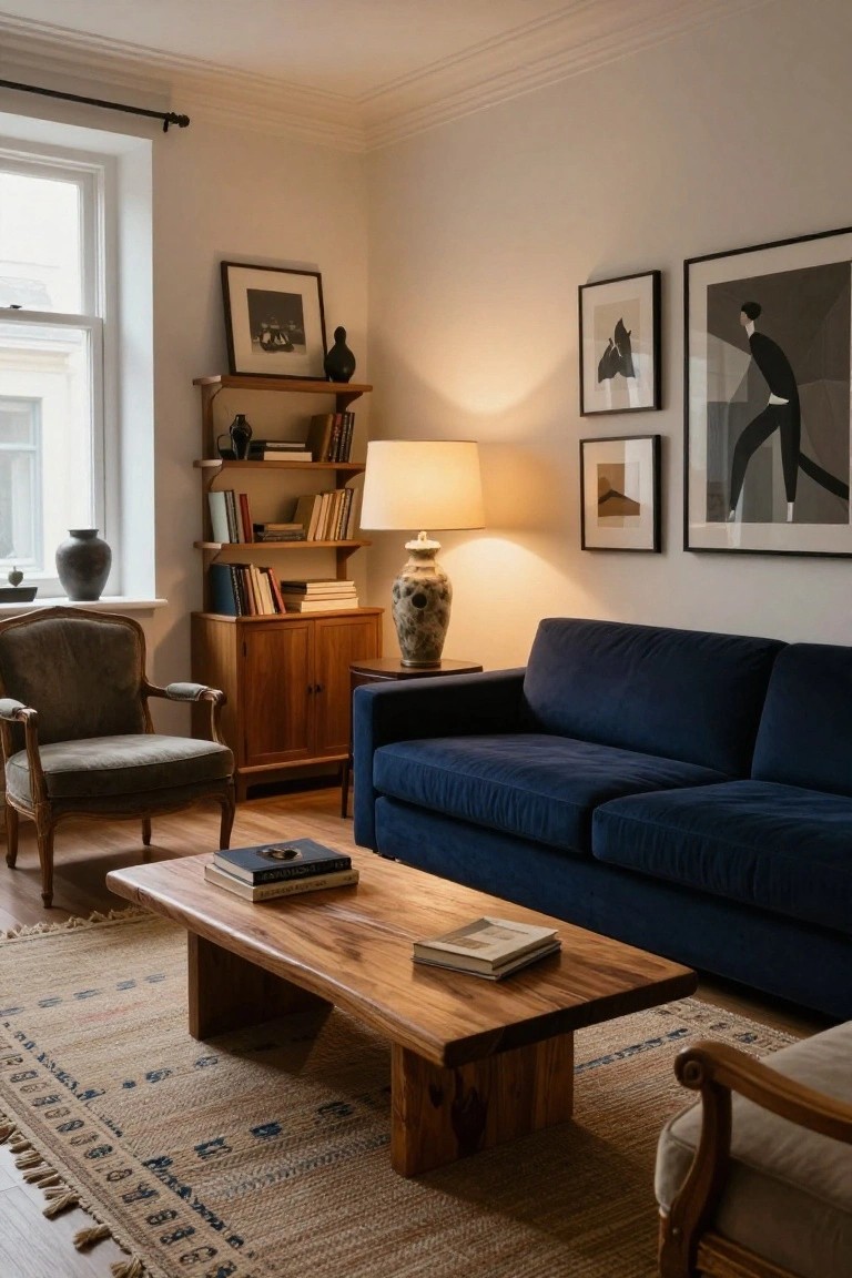 Cozy living room interior with navy blue velvet sofa, low live-edge wooden coffee table holding stacked books, green upholstered armchair, beige armchair, wooden cabinet, bookshelves with ceramics, table lamps, and abstract black-and-white artwork on white walls over hardwood floors and patterned rug.