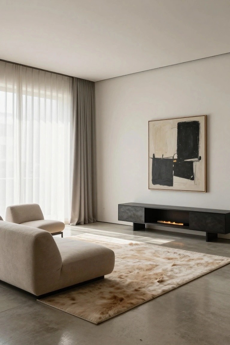 Modern living room with low black media console featuring integrated linear gas fireplace, two cream armchairs, long cream sofa on beige shag rug, sheer curtains on large windows, abstract painting on white wall, polished concrete floor.