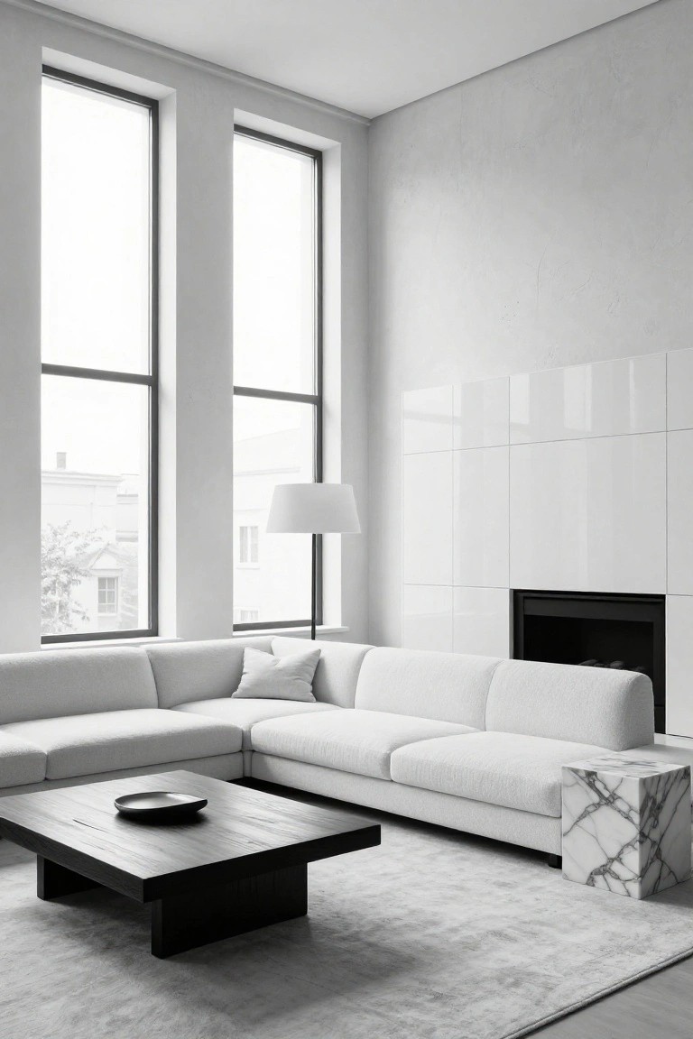 Modern minimalist living room corner featuring tall black-framed windows, white L-shaped sofa, black wooden coffee table with a black plate, white marble side table, white floor lamp, and built-in fireplace with white tiled surround.