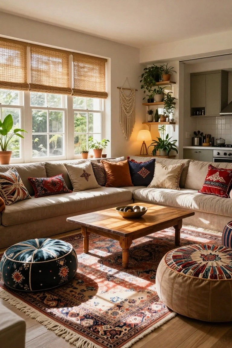 A sunlit living room featuring a beige L-shaped sofa with colorful patterned pillows, a low wooden coffee table holding a bowl of fruit, two patterned poufs, layered rugs, potted plants, bamboo blinds on triple windows, wall shelves with greenery, and an open kitchen in the background.