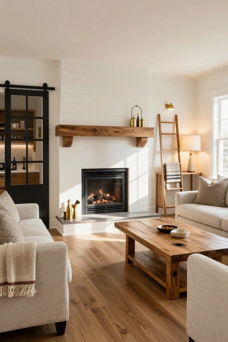 A living room with white shiplap walls, a gas fireplace under a thick wooden mantel, beige linen sofas, wooden coffee table, ladder shelf, and black sliding doors to kitchen.