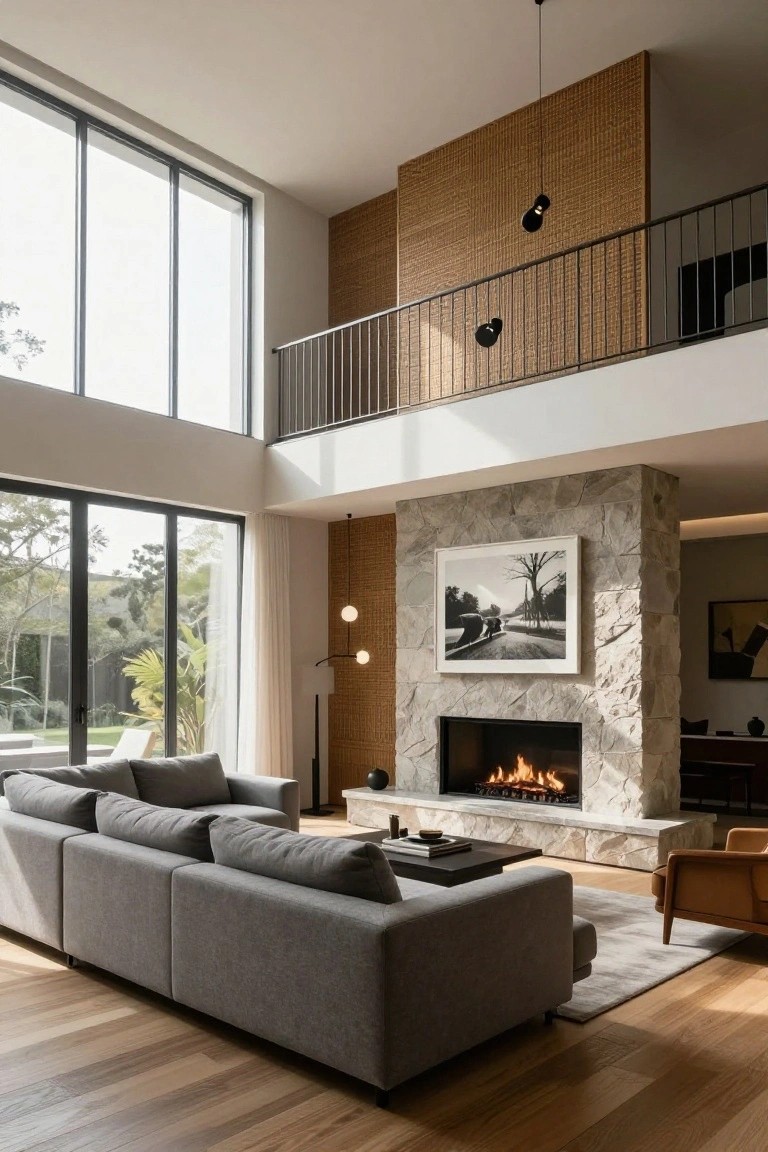 Spacious modern living room with high ceilings, woven wall panels, black metal balcony railing overhead, large stone fireplace with fire burning, gray L-shaped sofa, coffee table, wooden floors, and floor-to-ceiling windows and doors to garden.