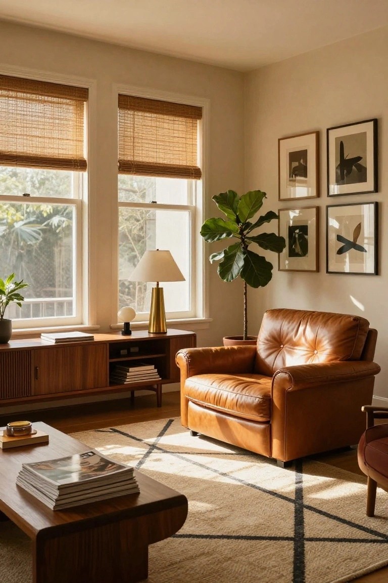 Sunlit living room corner with tan tufted leather armchair next to wooden credenza, brass lamp, potted fiddle leaf fig tree, bamboo window shades, and low wood coffee table.