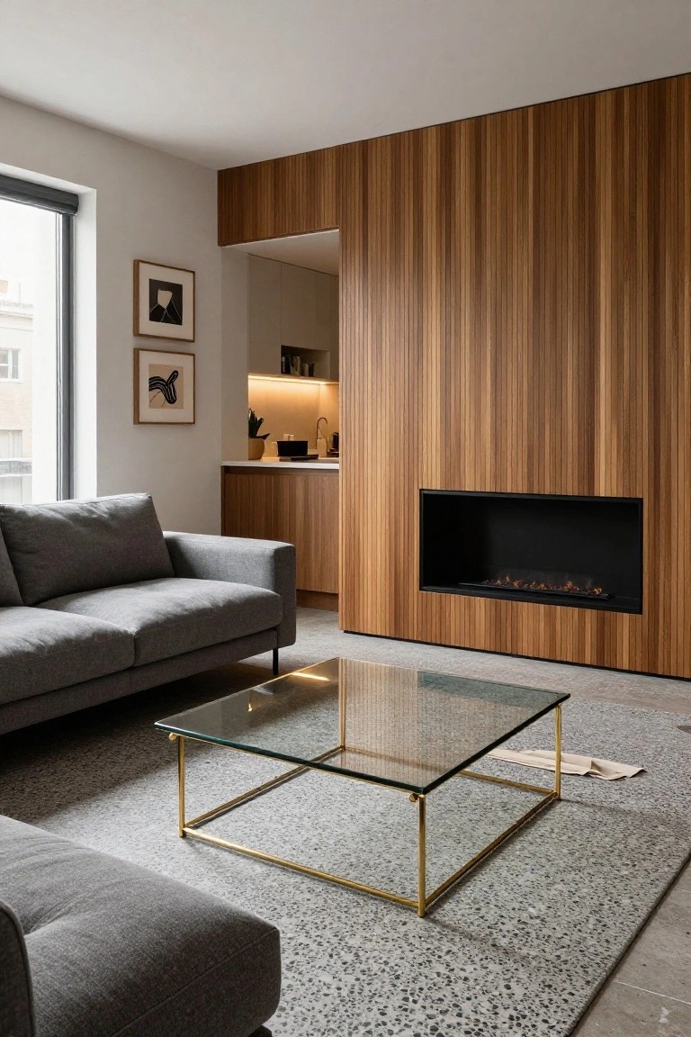 Modern living room with gray L-shaped sofa, gold metal and glass coffee table on terrazzo-style floor, tall vertical slatted wood wall with integrated linear gas fireplace, and partial view of wood cabinets and kitchen area.