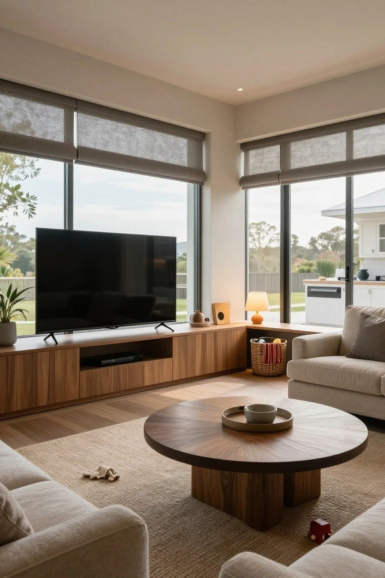 Modern living room with wooden built-in media console holding a large black TV, beige sofas, round wooden coffee table, basket, plants, and large windows overlooking trees and yard.
