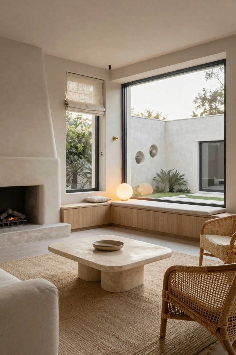 Modern living room with beige plaster walls and fireplace, built-in oak window seat with cushions overlooking a small courtyard garden through large black-framed windows, rattan chairs, white sofa, seagrass rug, and travertine coffee table.