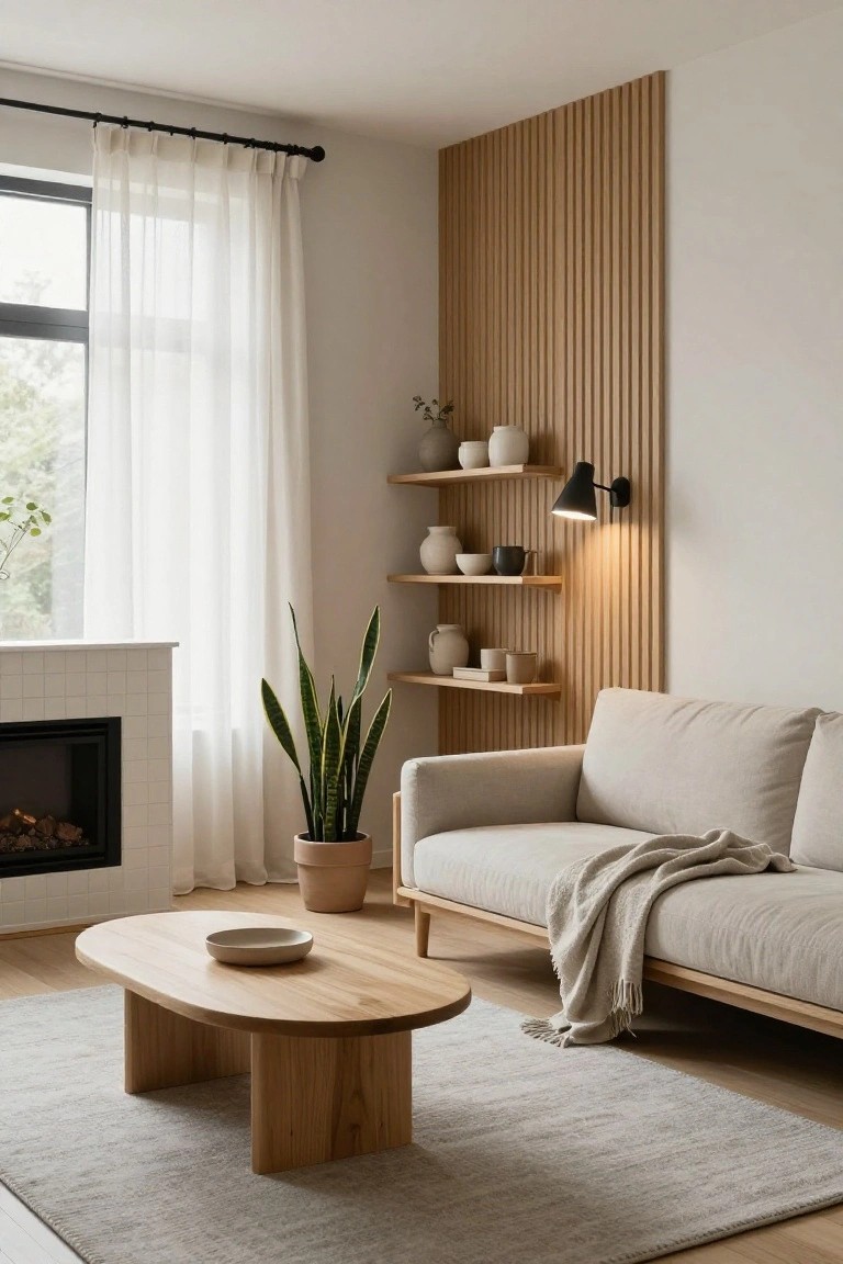 Modern living room interior with light wooden vertical slat wall featuring floating shelves holding ceramic pots and a wall lamp, beige linen sofa with throw blanket, oval wooden coffee table, potted snake plant, white-tiled fireplace, and large window with sheer white curtains.
