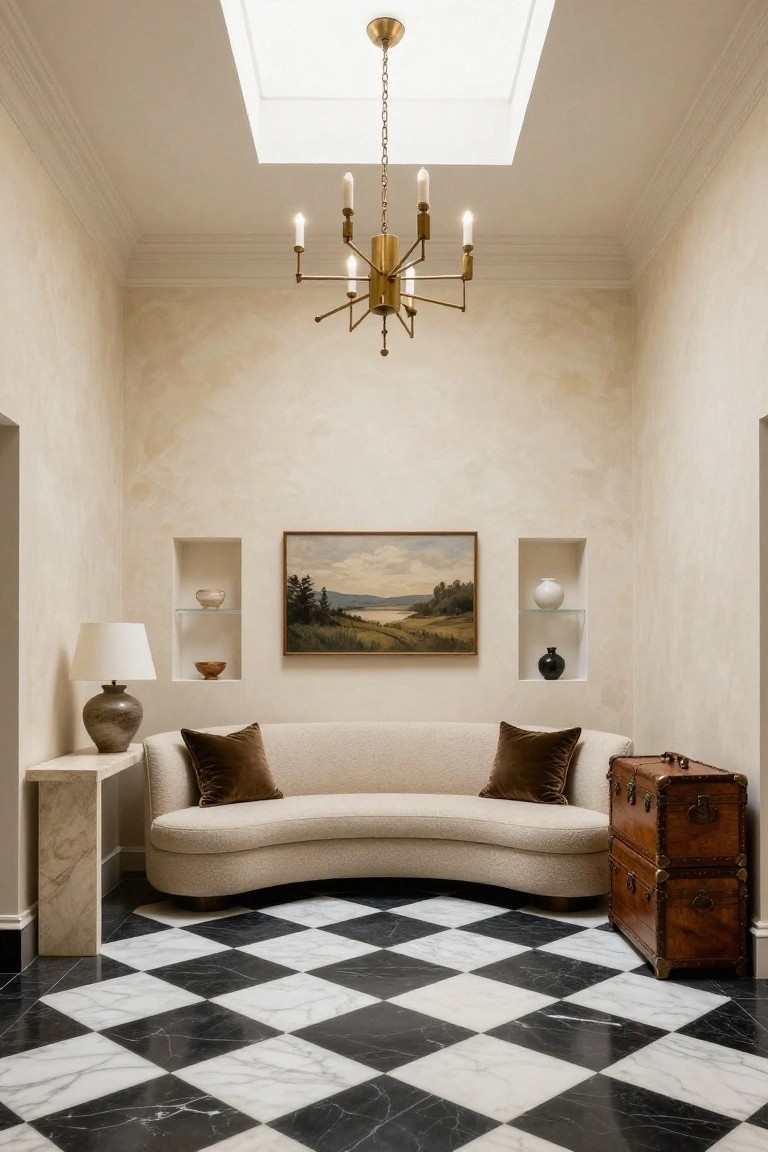 Narrow interior entrance hall with light beige walls, curved cream sofa with velvet pillows, brass chandelier under skylight, niches holding painting and ceramics, table lamp on pedestal, vintage trunk, and black and white checkered marble floor.