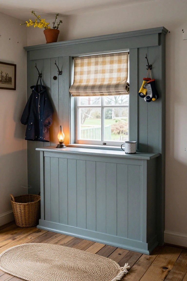 Teal-painted wooden built-in cabinet with coat hooks and shelf beside a multipane window in a wood-floored entry hall, with hanging coats, lantern, mug, plant pot, and basket nearby.