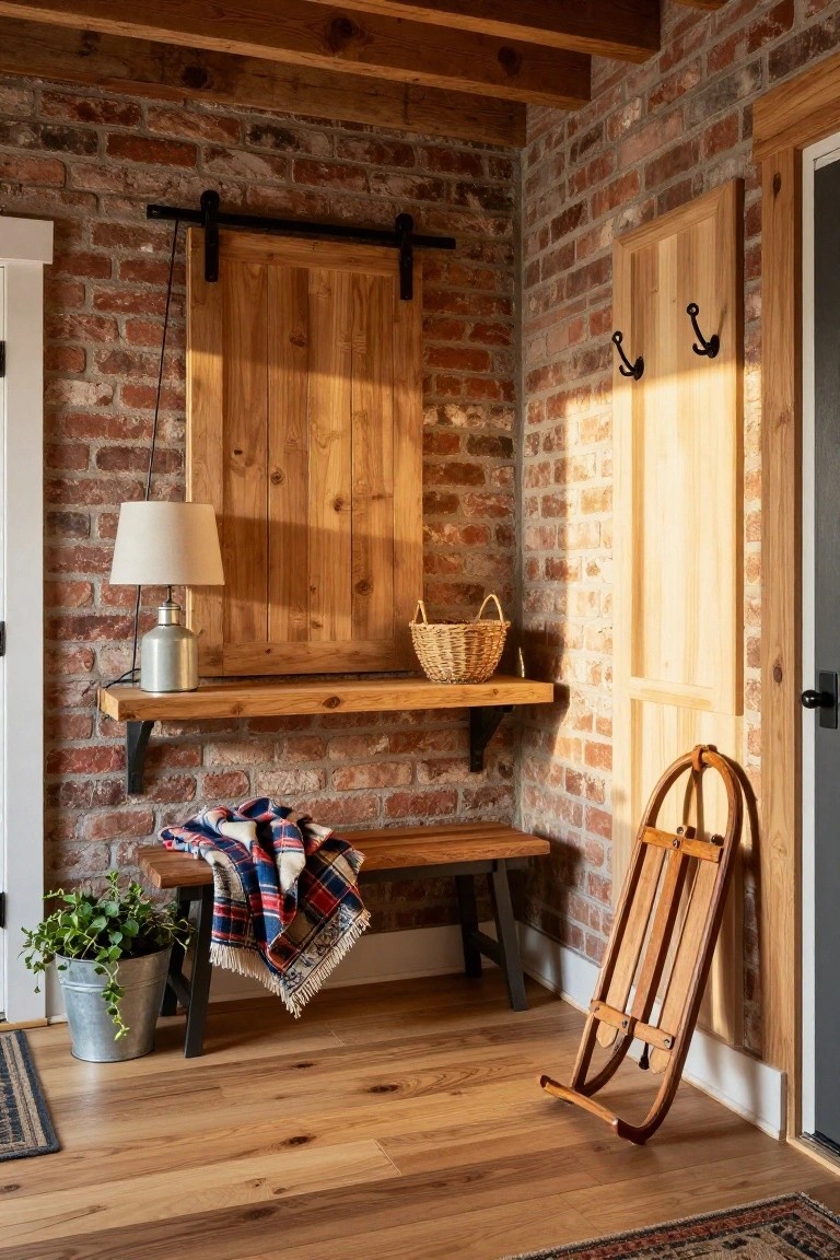 Rustic interior entry hall with exposed brick walls, wooden sliding barn door, floating wood shelf holding lamp and basket, bench with plaid blanket and metal legs, potted plant, wooden sled leaning nearby, and hardwood floors.
