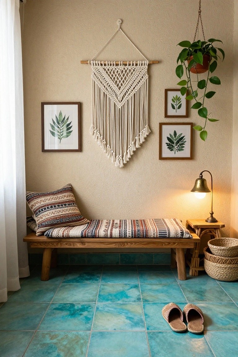Entrance hall interior with beige walls, macrame wall hanging, two framed leaf prints, hanging potted plant, wooden bench with patterned cushions and pillows on blue tiled floor, brass lamp on side table, woven baskets, and slippers nearby.